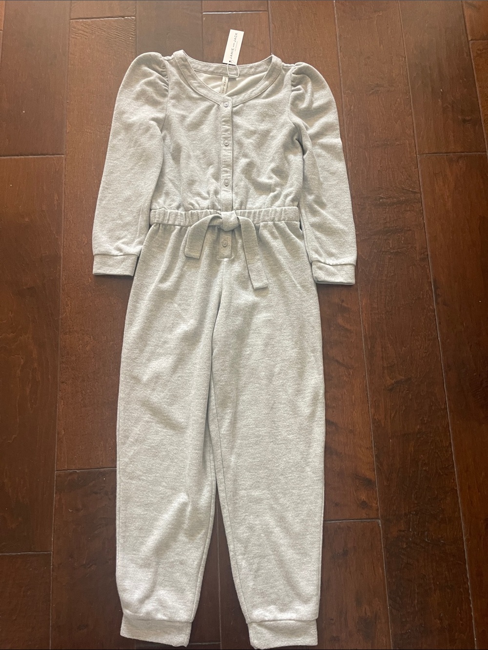 NWT Janie and Jack Size 12 Girls Cozy Light Gray One-Piece Jumpsuit w/ Tie Waist